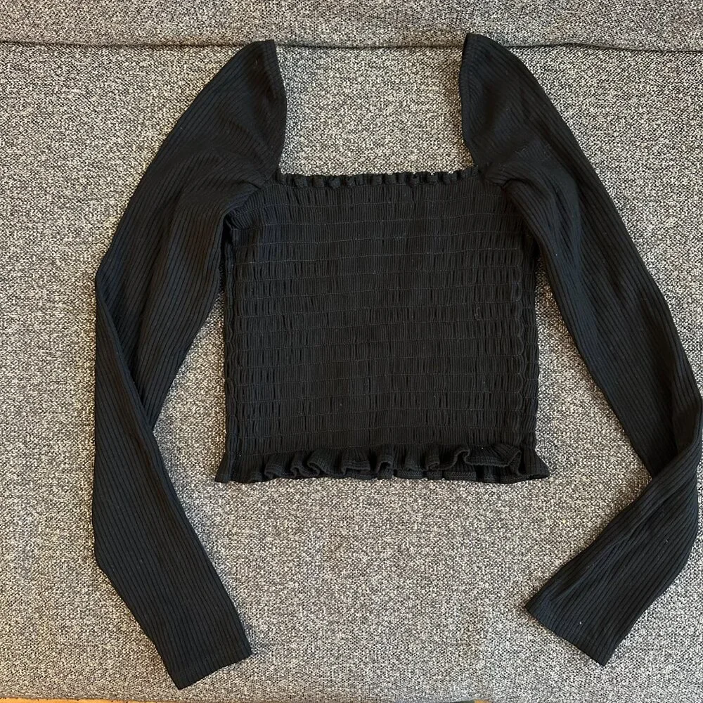 Reformation Black Smocked Long-Sleeve Square Neck Top